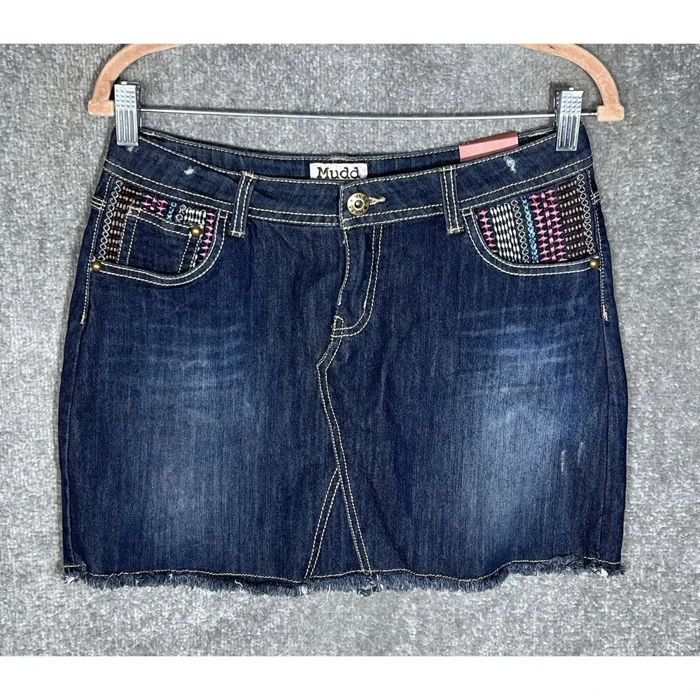 Mudd Mini Denim Jean Skirt Girls Size 16 Blue Tribal Embroidery Pockets New